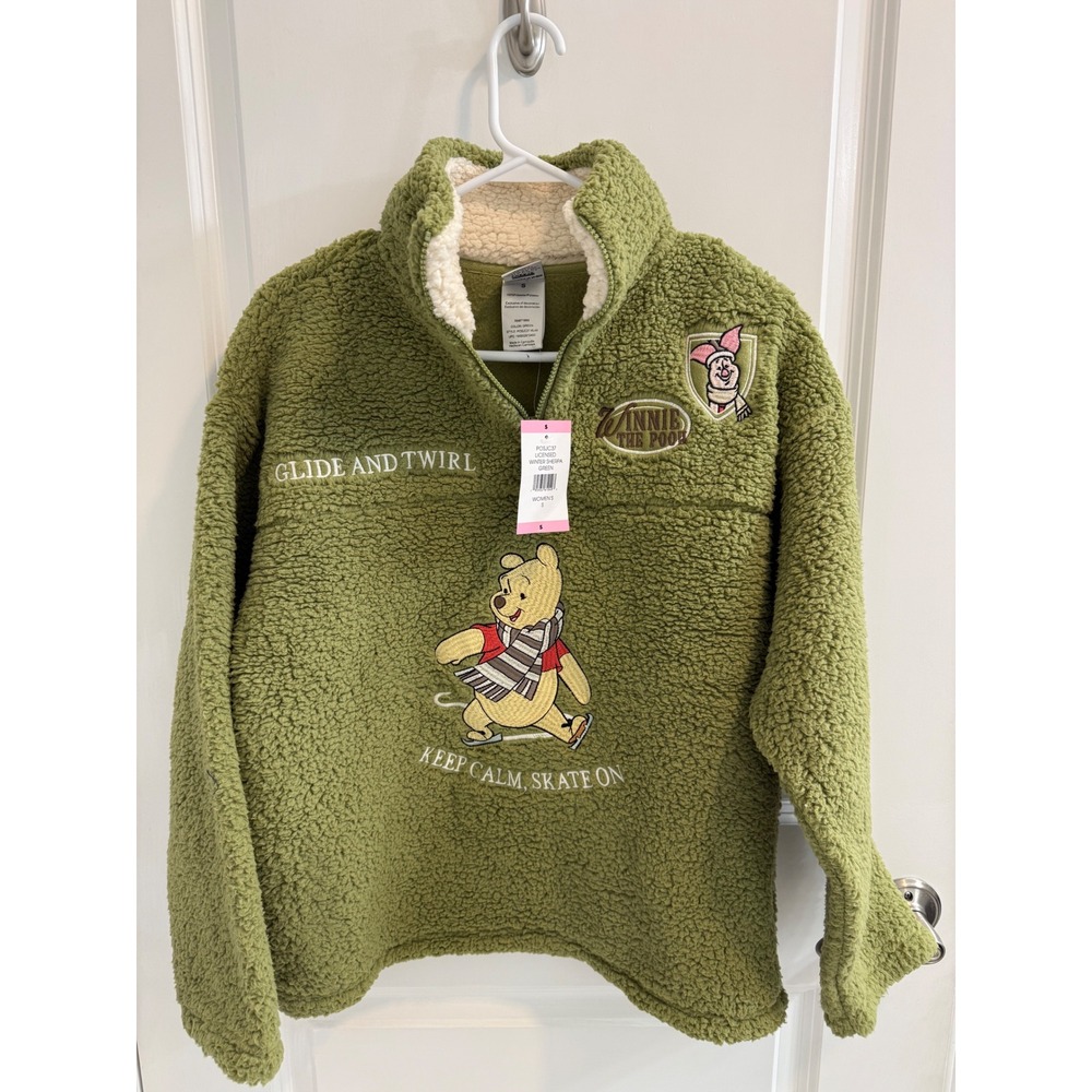 Disney Winnie the Pooh Sherpa Fleece Pullover Green Quarter Zip Small NWT
